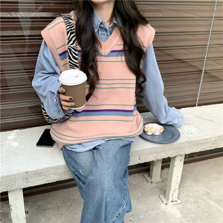 Áo dệt kim không tay dáng rộng hoa văn kẻ sọc phong cách retro Hàn Quốc cho nữ