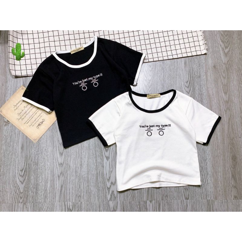 Áo croptop tay ngắn viền thêu chữ hàn xinh