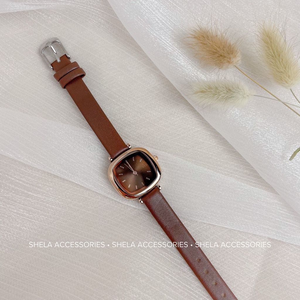 Đồng hồ nữ dây da chính hãng đẹp mặt vuông đeo tay thời trang chống nước 3ATM vintage màu nâu, trắng ulzzang GEDI GD03
