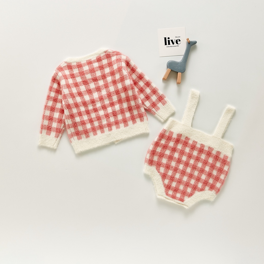 Áo liền quần/Áo cardigan kẻ sọc caro xinh xắn cho bé gái