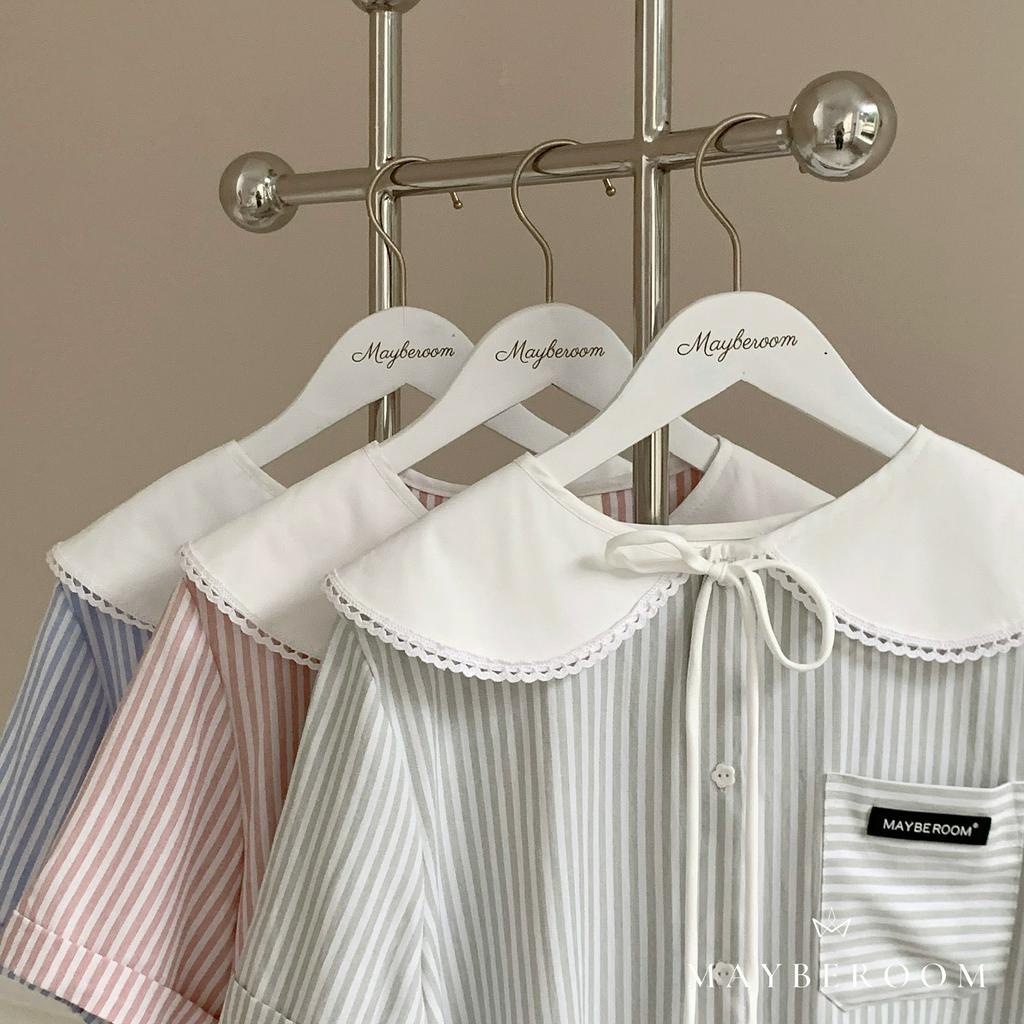 Váy sơ mi kẻ sọc pastel 3 màu phối cổ sơ mi trắng ren năng động Pretty dress Mayberoom