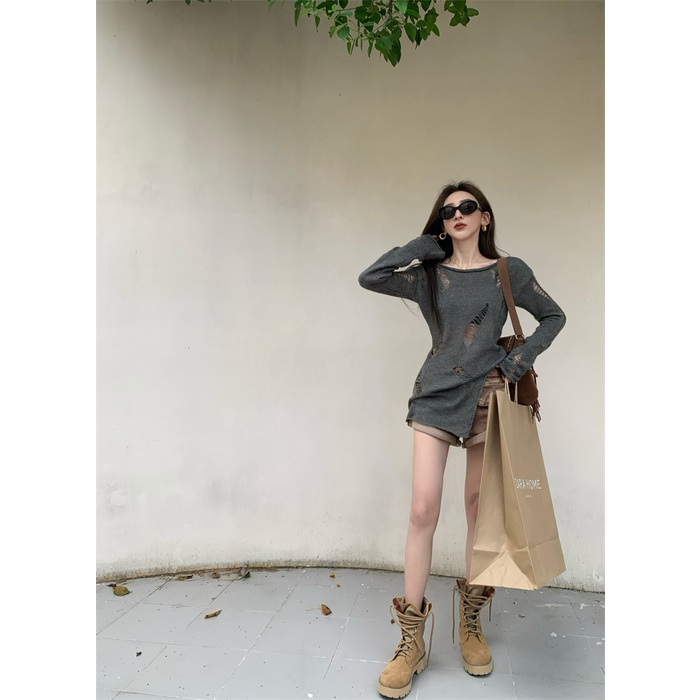 HUANG YOYO Áo Sweater Xám Thiết Kế Rách Phong Cách Hàn Quốc Thời Trang Mùa Thu Mới Cho Nữ