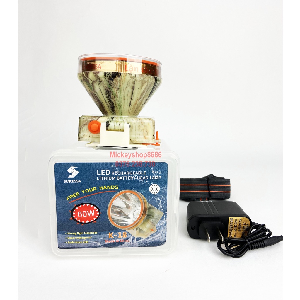 Đèn pin đội đầu SUNCESSA K18 60W siêu sáng chống nước kín nước Ánh sáng vàng và trắng đèn đeo đầu đi rừng soi ếch lặn