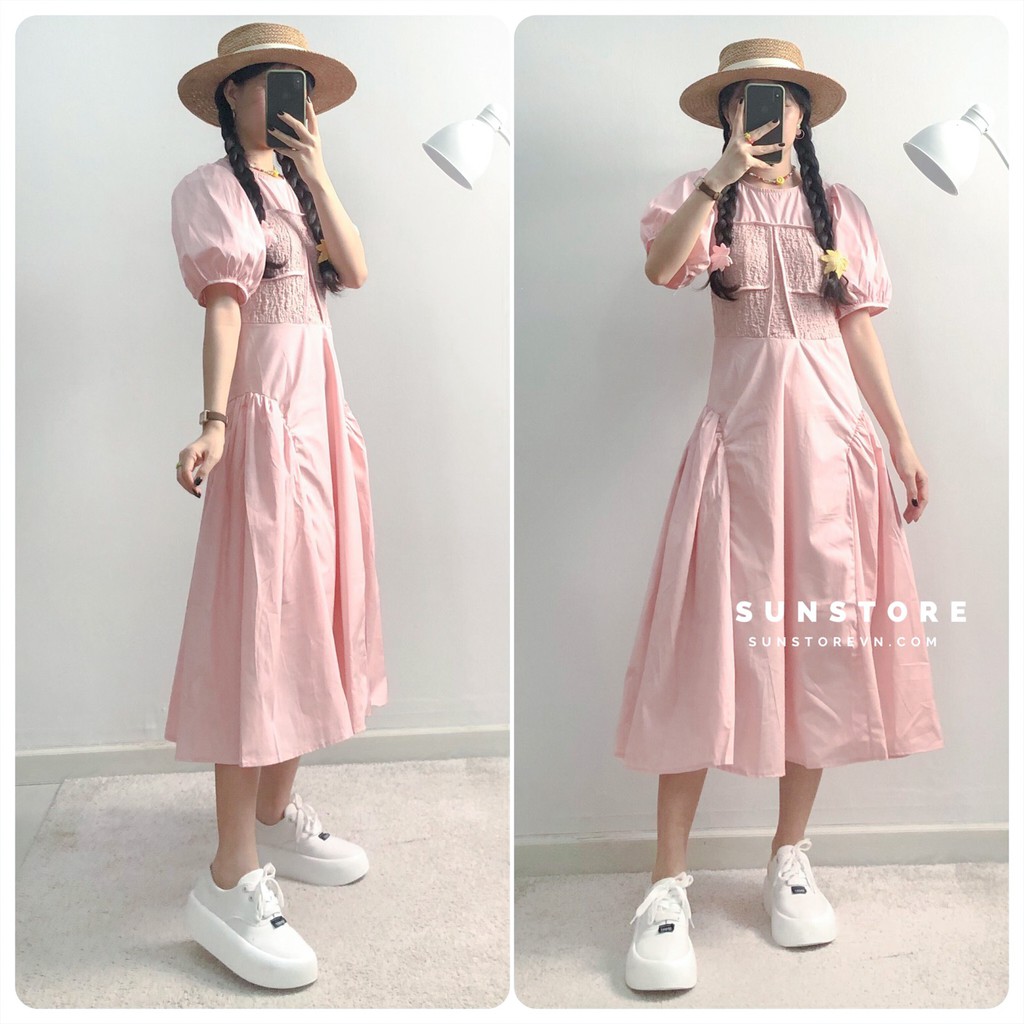 Đầm tay phồng dáng dài midi váy xoè tiểu thư màu hồng