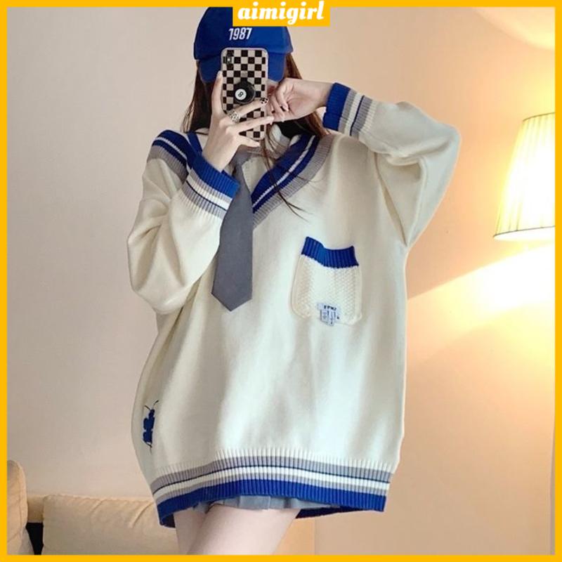 Áo Sweater Giả Hai Lớp Cổ POLO Tay Dài Dáng Rộng Thời Trang Thu Đông Dành Cho Nữ