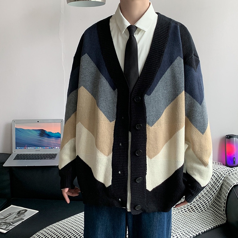 Áo cardigan nam oversize, áo khoác len nam dáng rộng phối màu trẻ trung