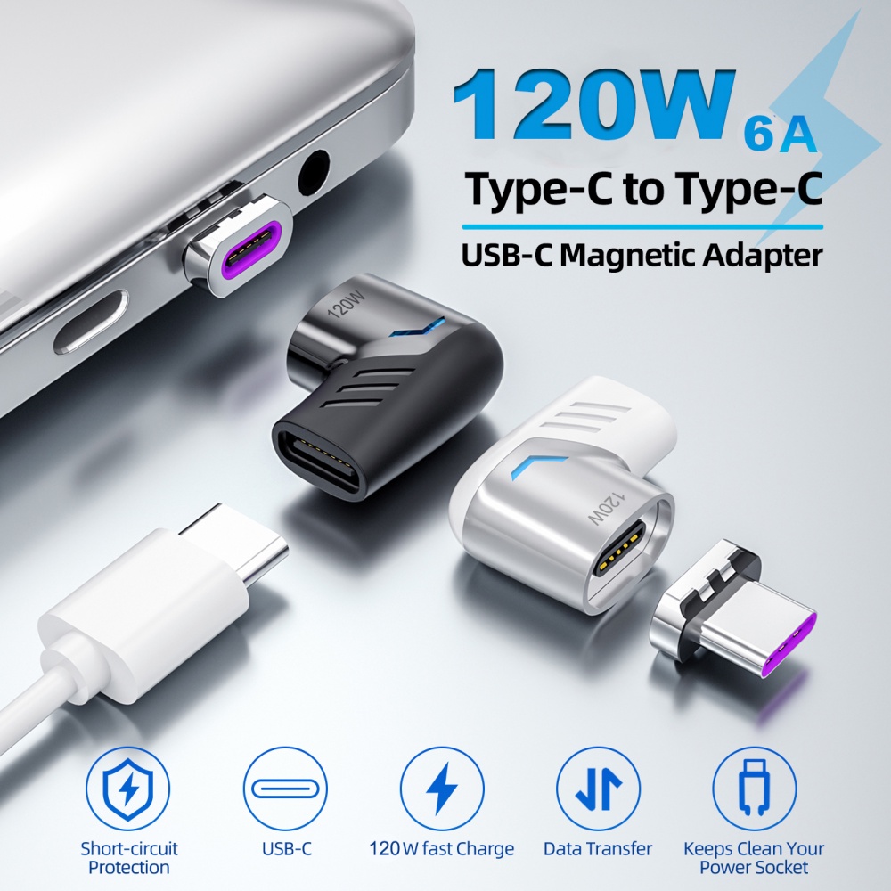 Đầu Chuyển Đổi Từ Tính 120W USB C Sang Type C Góc 90 Độ Tiện Dụng
