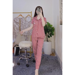 BỘ LỤA KẺ SATIN ÁO CỘC QUẦN DÀI