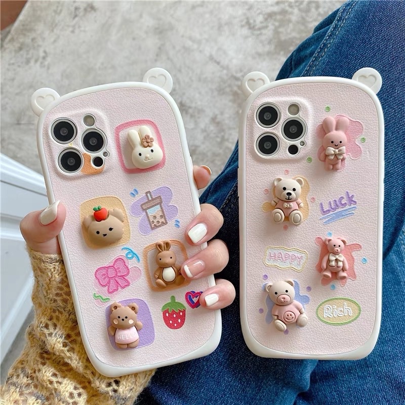 ốp lưng iphone TAI GẤU DA NHÁM ĐÍNH CHARM CUTE