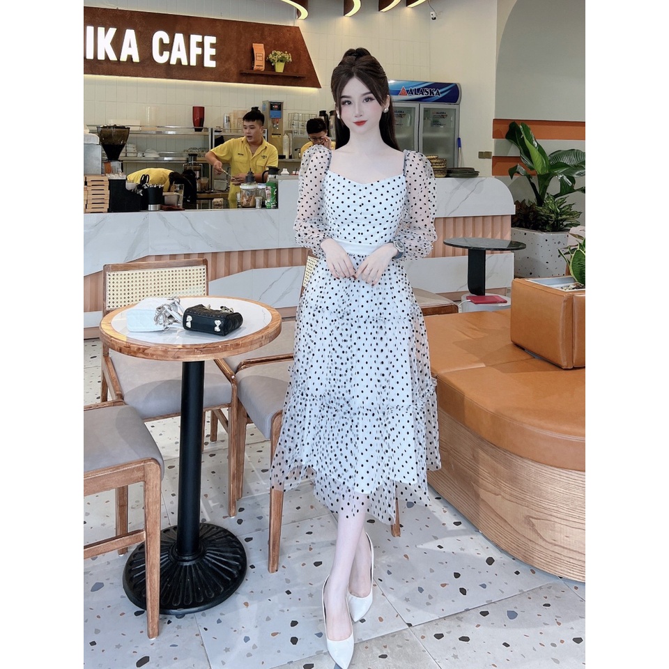 Váy thu đông dáng dài 2 lớp voan chấm bi cao cấp siêu xinh sang chảnh