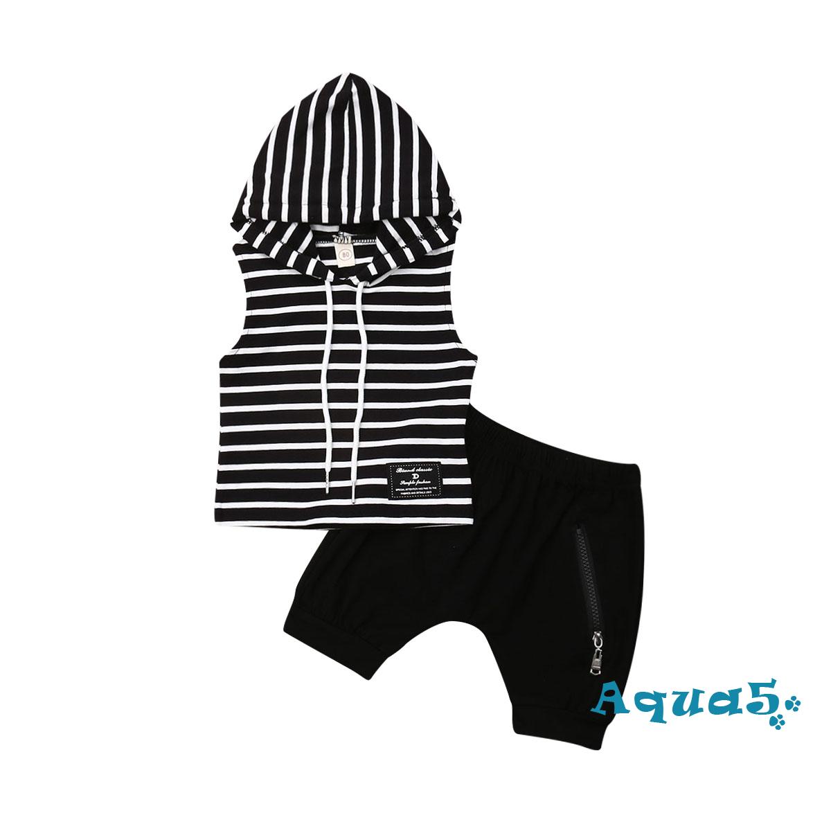 Set Áo Hoodie Không Tay Kèm Quần Short Kẻ Sọc Dễ Thương Cho Bé Trai