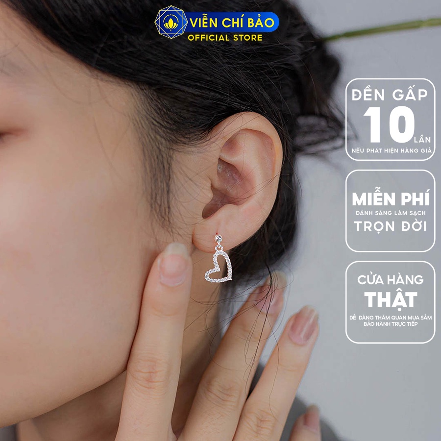 Bông tai bạc nữ tim đính đá treo chất liệu bạc 925 thời trang phụ kiện trang sức Viễn Chí Bảo B400763