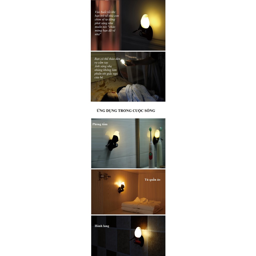 Đen Led Trang Trí ❤️FREESHIP❤️ Đèn LED Cảm Ứng Cute Hình Chú Chim- Làm Đèn Ngủ, Quà Tặng - Pin Sạc