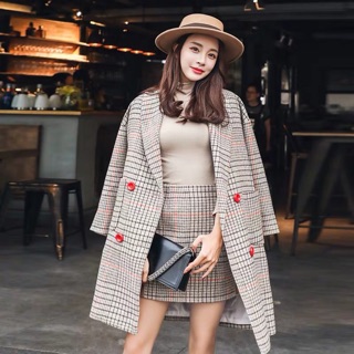 set áo khoác + chân váy dạ kẻ caro