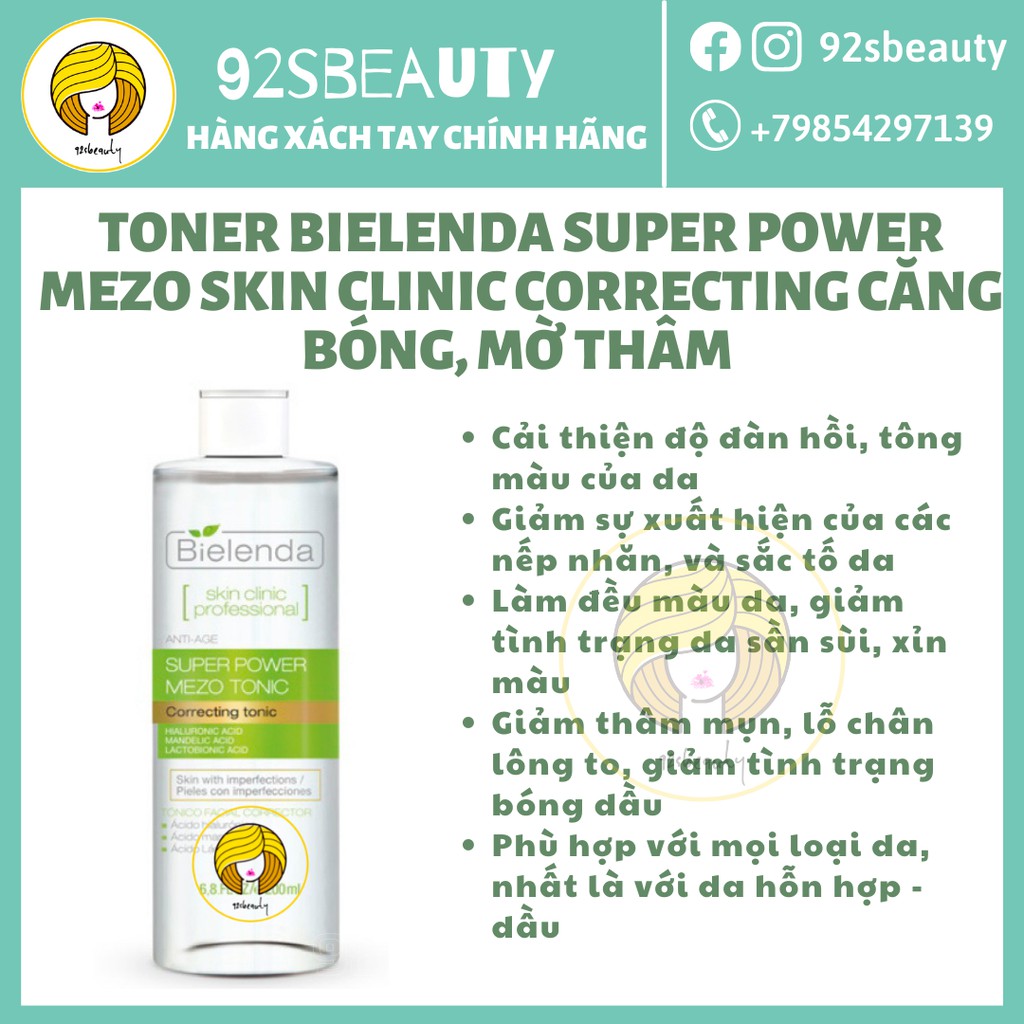 Toner Bielenda Super Power Mezo Skin Clinic Correcting căng bóng, mờ thâm