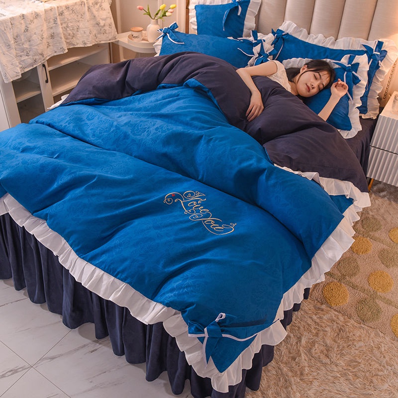 Korean Princess Feng Shui washed cotton bed skirt four piece set net red bow embroidered quilt cover lace bedspread bedding N8Zb