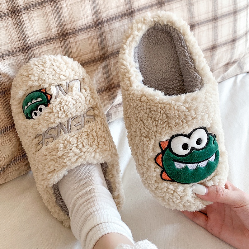 Dép đi trong nhà Renben bằng cotton đế dày chống trượt hình khủng long xinh xắn cho nam và nữ