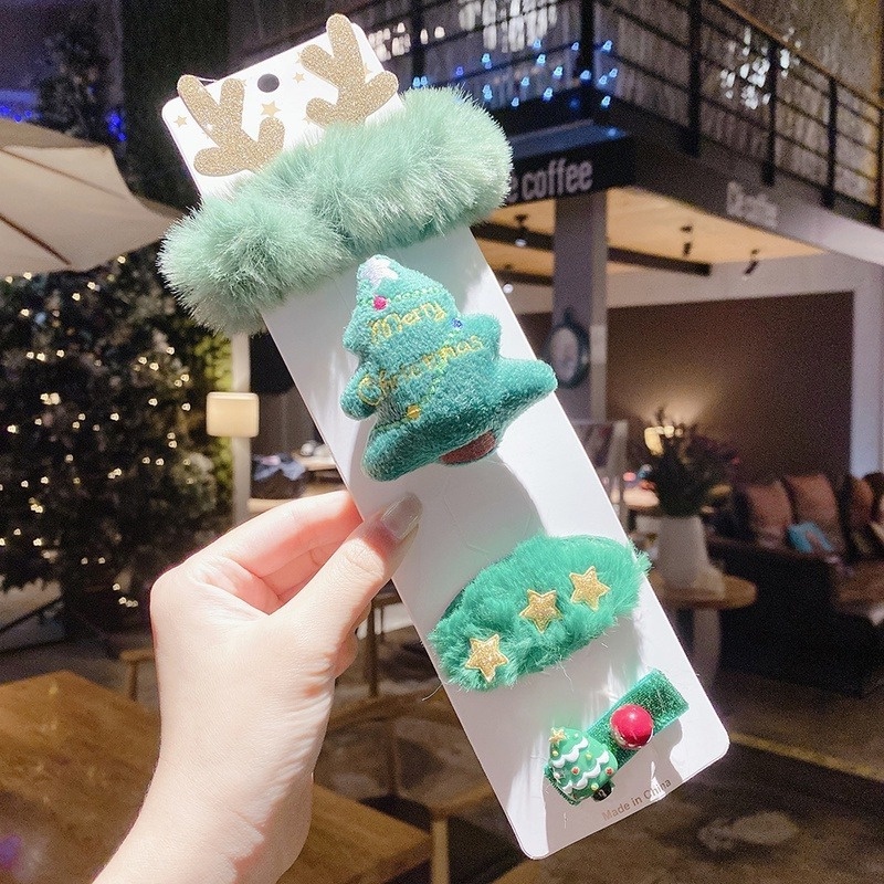 Bộ kẹp tóc 17KM bằng lông nhung hình ông già Noel + sừng hươu + nơ hoạt hình thời trang