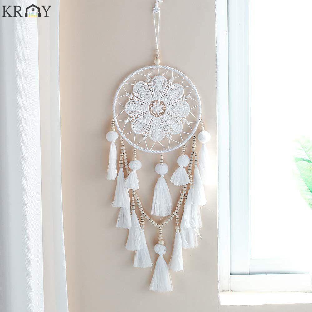 Dreamcatcher Màu Trắng Đính Hạt Gỗ Phối Tua Rua Hình Hoa Phong Cách Boho Thời Trang Trang Trí Phòng Ngủ / Làm Quà Tặng