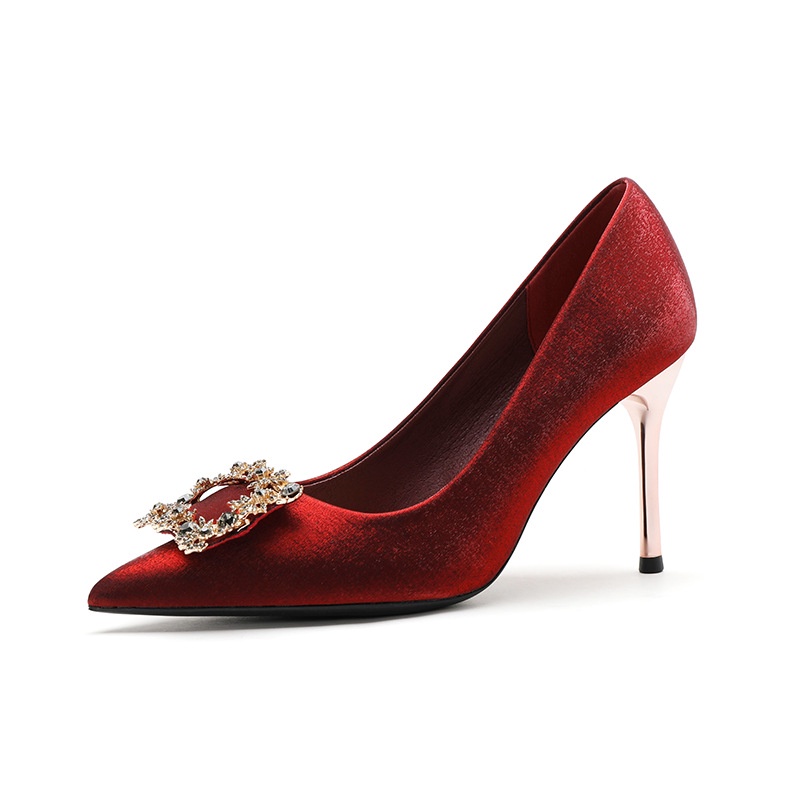Giày Cao Gót 6cm 9cm Mũi Nhọn Đính Đá Màu Đỏ Quyến Rũ Thời Trang Phong Cách Hàn Quốc Cho Nữ