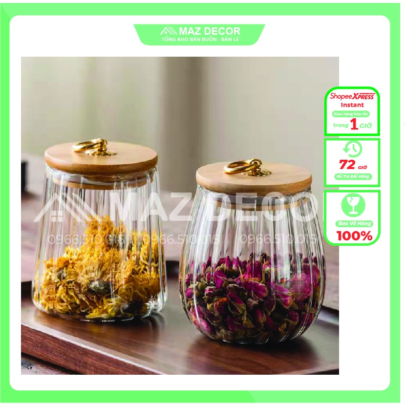 SALE SẬP SÀN Lọ thủy tinh nắp gỗ đựng trà, đựng thảo dược đồ khô, đường... đẹp giá rẻ 800ml (HB201-HB202)