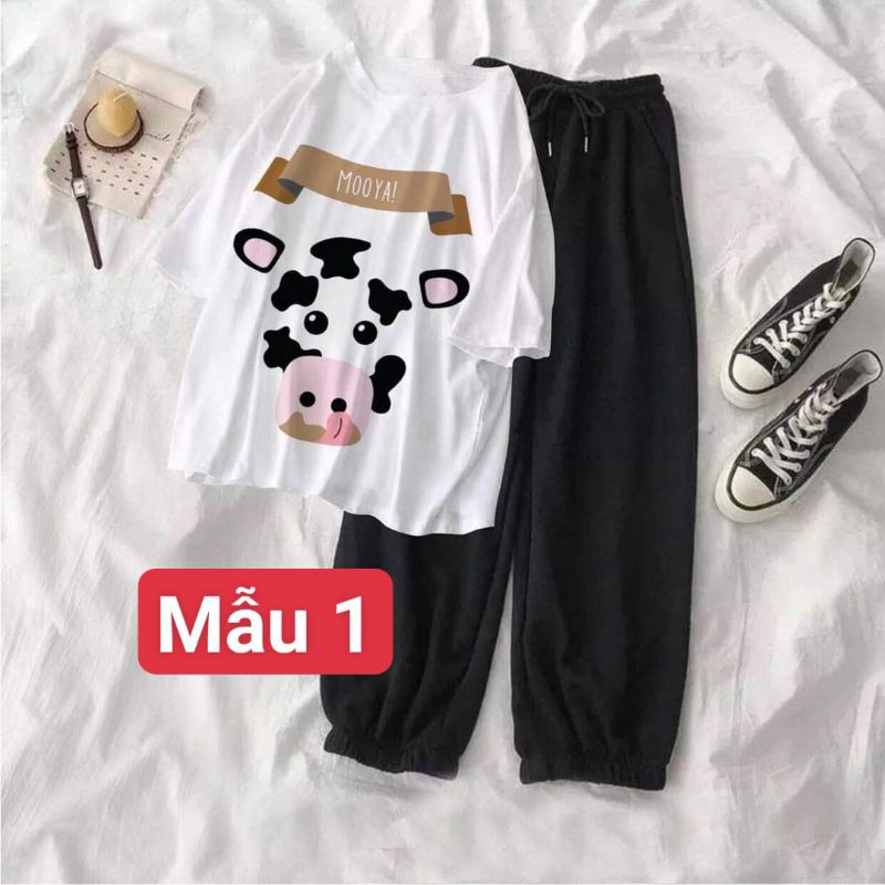 sét bộ áo thun hình bò sữa cute kèm quần bom dài