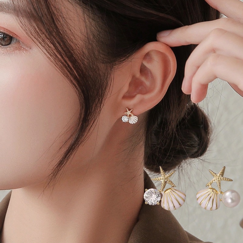 1 Đôi Bông Tai Hình Vỏ Sò Và Sao Biển Đính Ngọc Trai Giả Đơn Giản Cá Tính Dành Cho Nữ