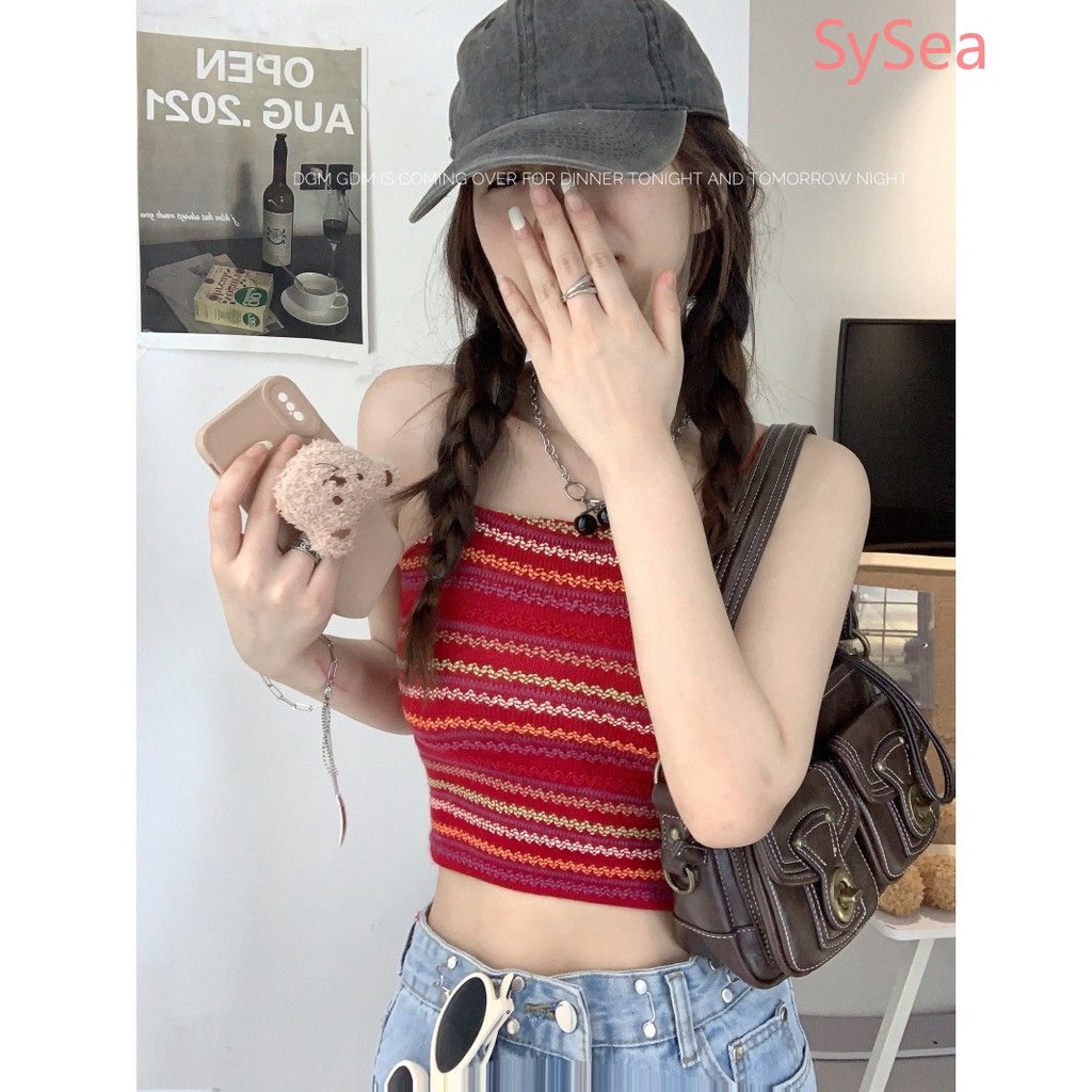 Áo Hai Dây Dệt Kim Kẻ Sọc Nhiều Màu Phong Cách Retro Cho Nữ