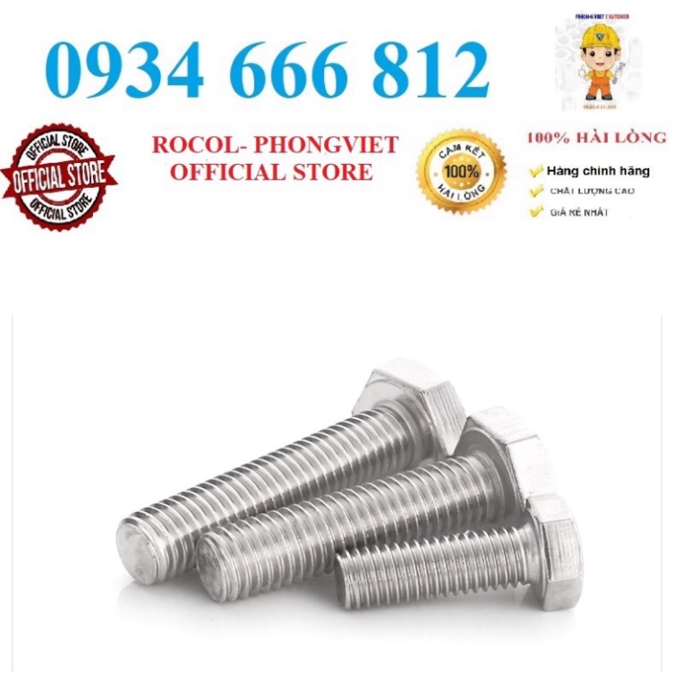 Set 10c Bulong lục giác ngoài inox 201 M10,  M10X40, M10X50, M10X60, M10X70