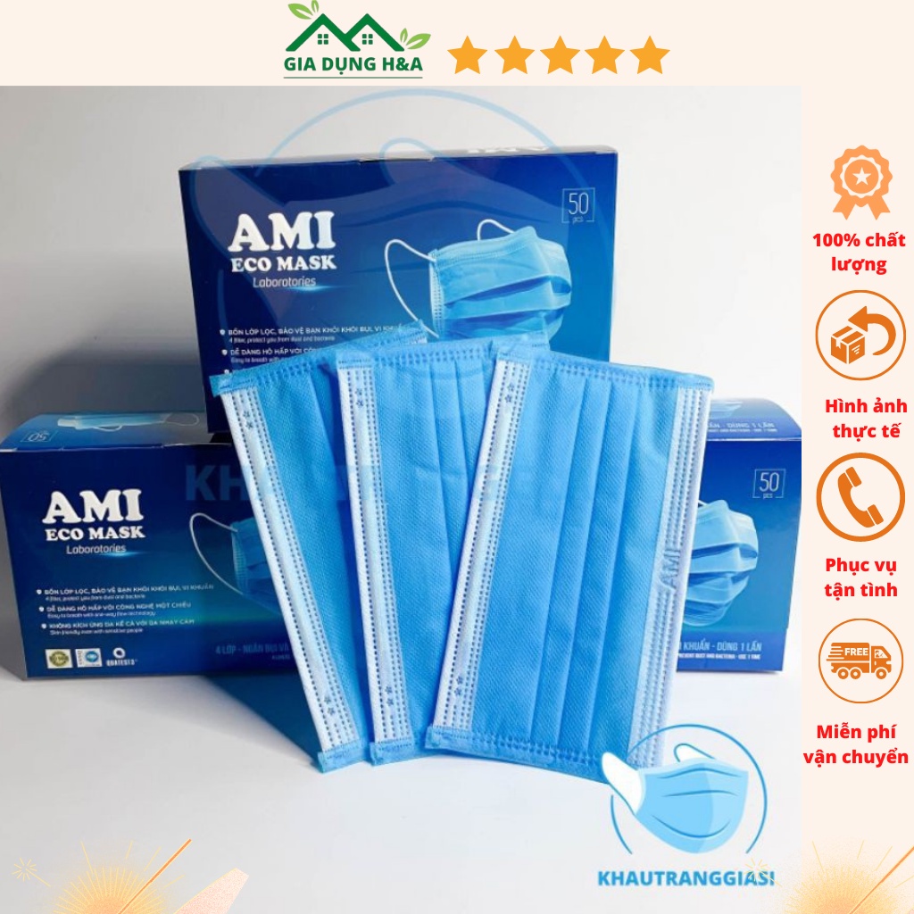 Khẩu trang y tế  kháng khuẩn 4 lớp 4 màu AMI hàng công ty cao cấp hộp 50 chiếc
