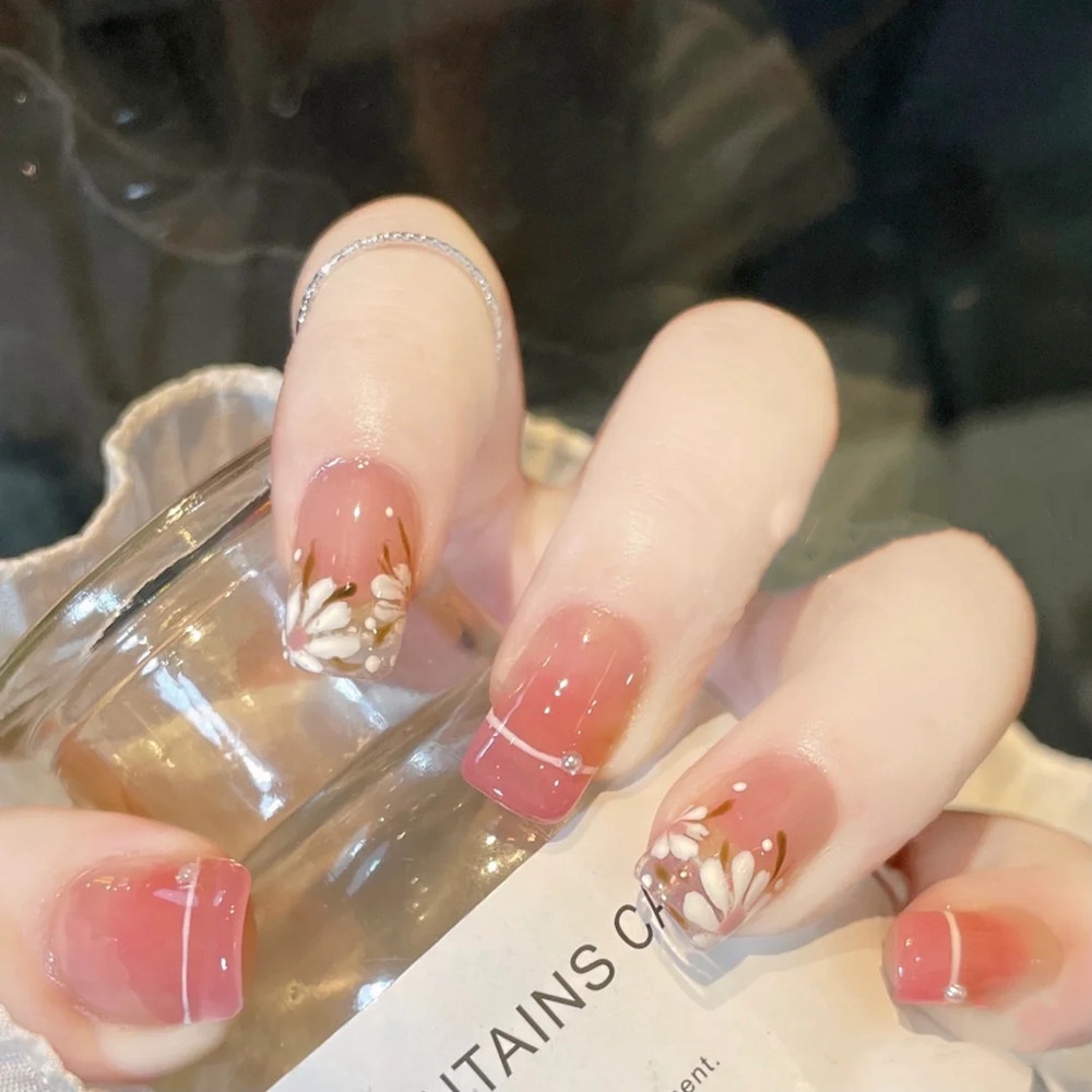 Bộ Móng Tay Giả B346 Họa Tiết Hoa Đào Màu Hồng Gradient Dễ Thương Dành Cho Nữ