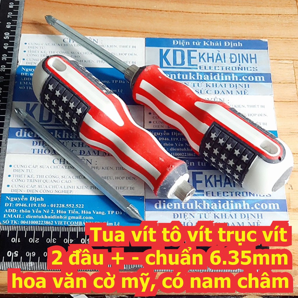 2 cái Tuốc nơ vít tua vít tô vít trục vít 2 đầu + - chuẩn 6.35mm hoa văn cờ mỹ, có nam châm kde7485