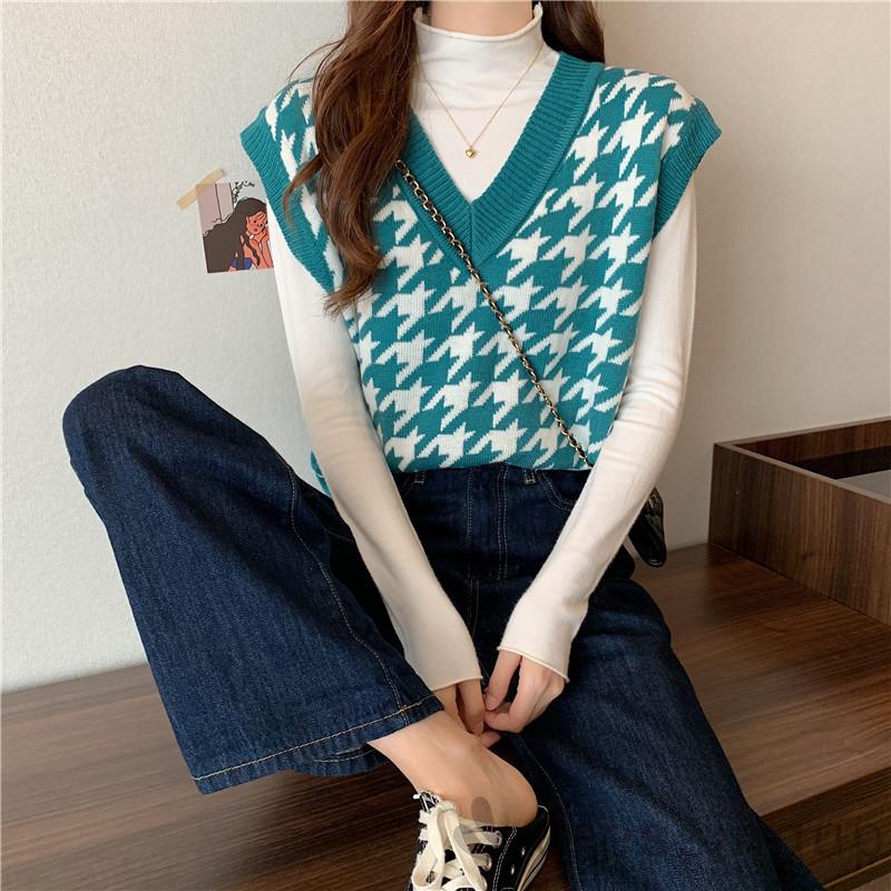 Áo len dệt không tay cổ V họa tiết hình học độc đáo thời trang cho nữ | BigBuy360 - bigbuy360.vn