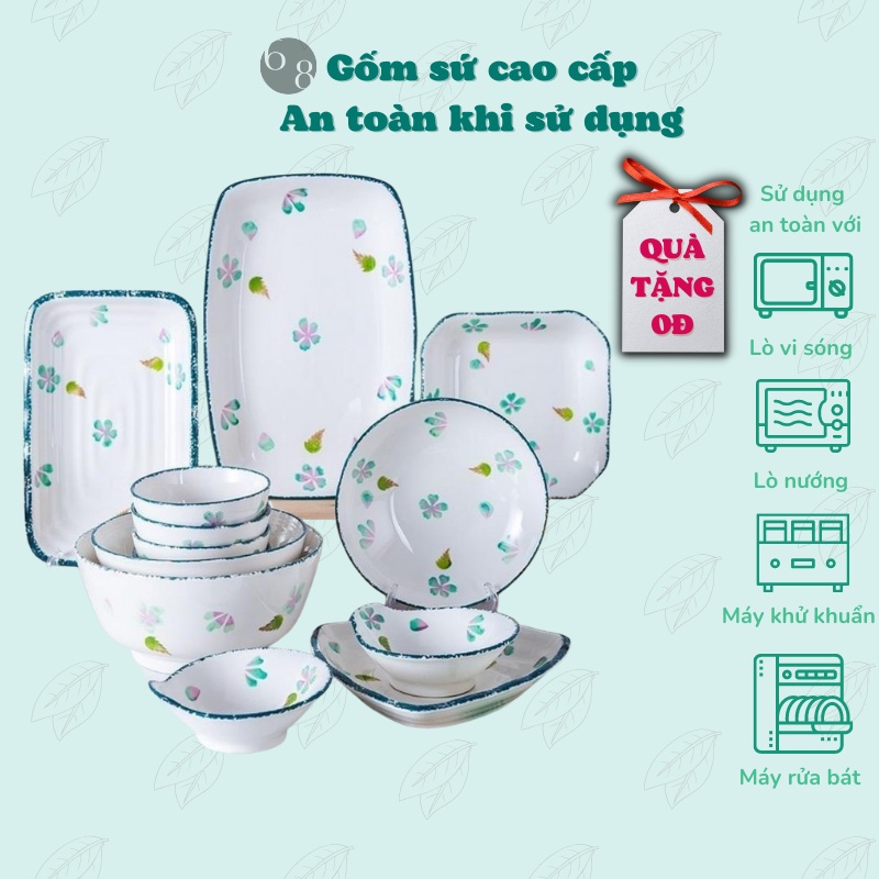 Bộ Bát Đĩa Chén Dĩa Sứ Bát Ăn cơm gốm sứ cao cấp họa tiết Hoa me xanh