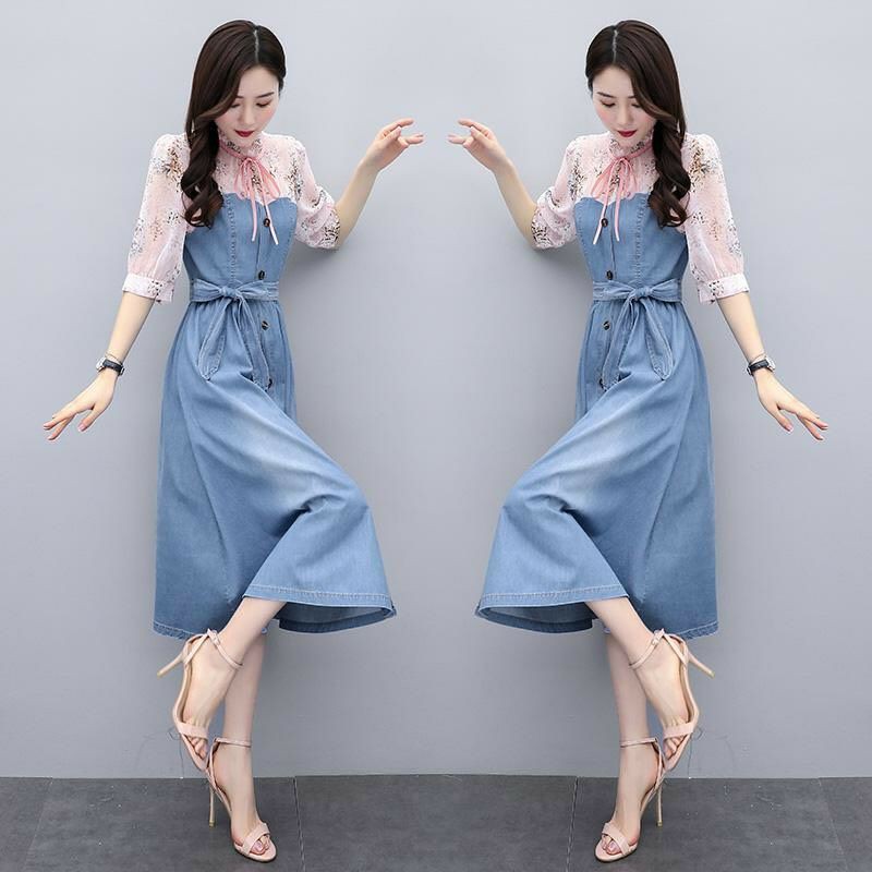 Hàng nhập - Đầm jean xòe phối lụa, váy jean, váy bò