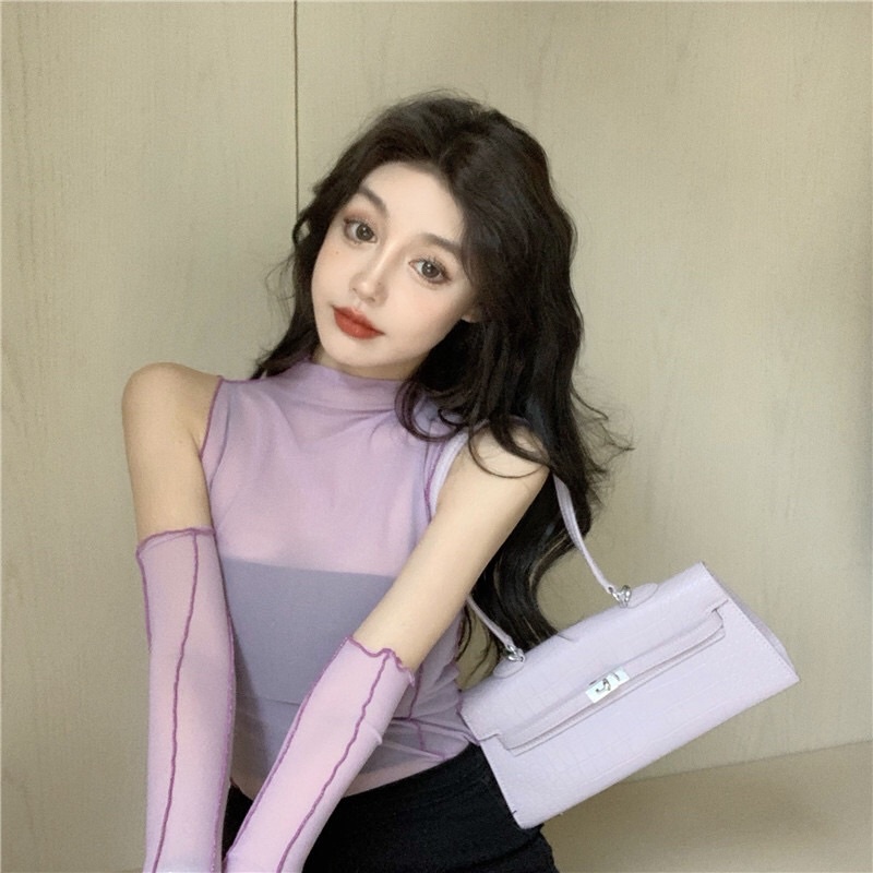 Áo lưới cổ lọ xuyên thấu phong cách sexy rớt vai tay dài phù hợp cho ngày hè - hàng QC - Nàng Closet
