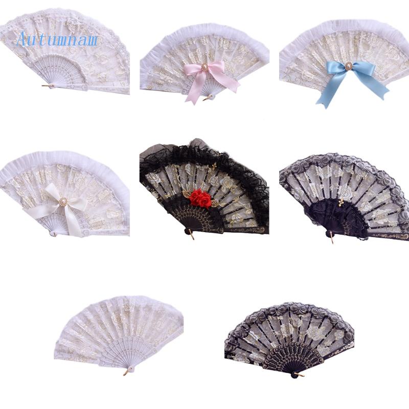 Quạt Gấp Cầm Tay Màu Đen Phối Ren Hoa Phong Cách Trung Quốc