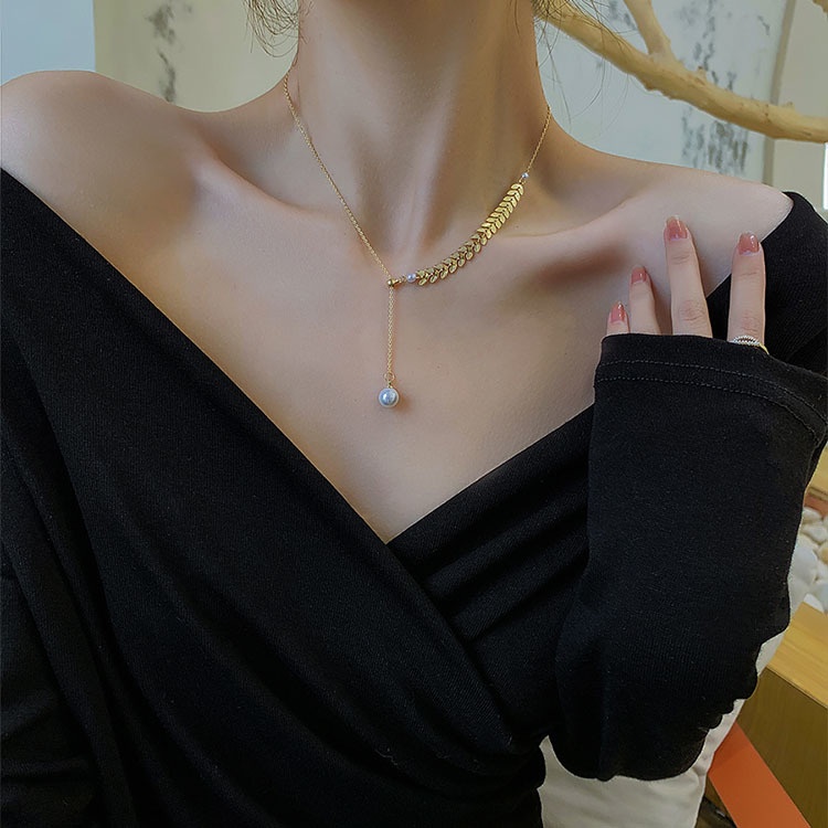 Vòng cổ Sợi Xích Lúa Mì Đính Ngọc Trai Phong Cách Harajuku Đơn Giản Cá Tính