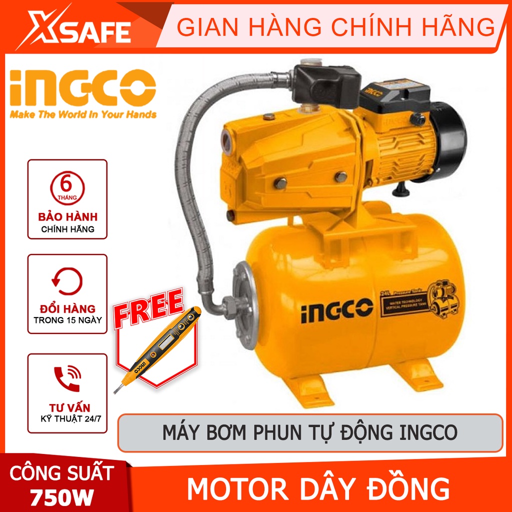 Máy bơm phun tự động INGCO JPT07508 Máy bơm nước công suất 750W, chiều cao bơm tối đa 45m, chất liệu cao cấp bển bỉ