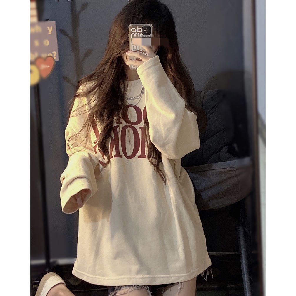 Áo Thun Tay Dài Cổ Tròn Dáng Rộng Thời Trang Xinh Xắn Cho Nữ