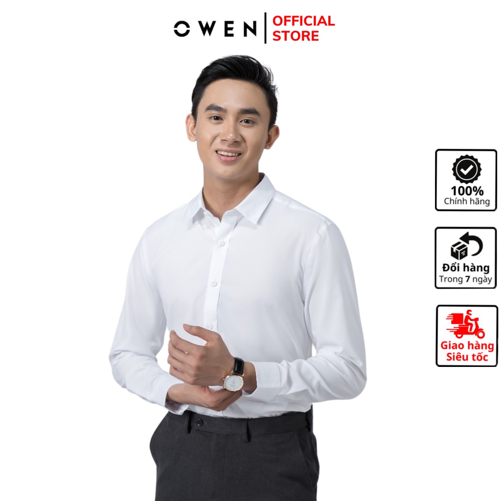 Áo sơ mi nam dài tay OWEN somi công sở vải nano cao cấp màu trắng trơn dáng ôm tà lượn không túi mềm mát chống nhăn
