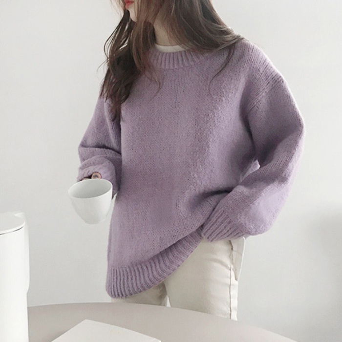 Áo sweater Pure Cube dệt kim cổ tròn dáng rộng kiểu Hàn Quốc thời trang thu đông thích hợp cho nữ