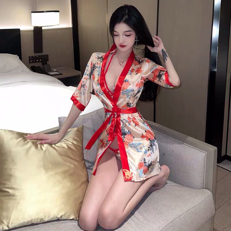 Áo Choàng+ Set đồ lót Ngủ Kimono Hoa Đỏ, Cam Phong Cách Nhật C430