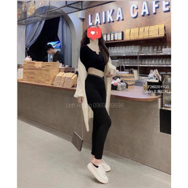 Quần dài legging đen cạp chéo lưng cao viền (không kèm hộp) 2602
