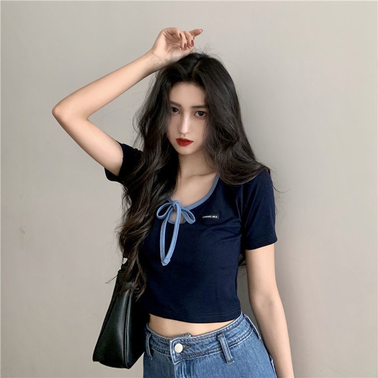 Áo Thun Croptop Cổ Chữ v Thắt Nơ Dáng Ôm Thời Trang Mùa Hè Dành Cho Nữ