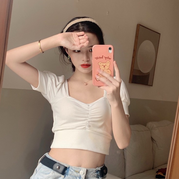 Happy-store ❤️ Áo croptop Tay Ngắn trễ vai xinh xắn dành Hàn Quốc 2 Màu Tùy Chọn Cho Nữ