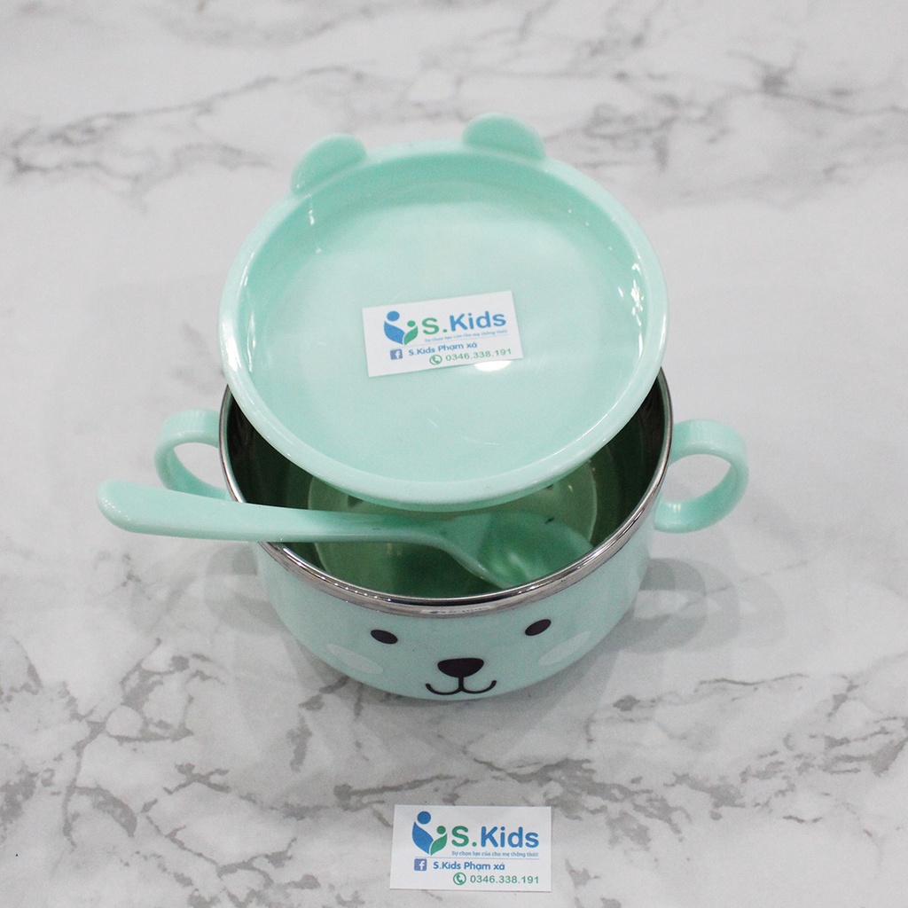 Bát ăn dặm inox KICHILACHI giữ nhiệt , kèm thìa muỗng nhựa và có nắp đậy cho bé