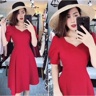 Đầm nữ cổ tim tay bồng ( ảnh thật)