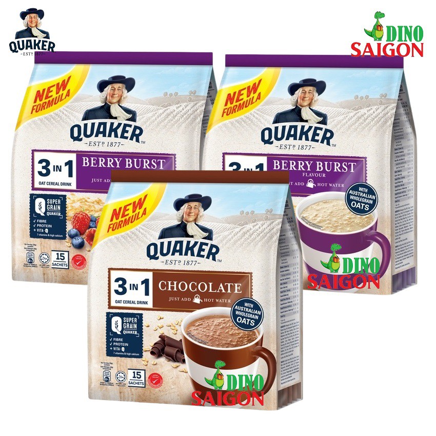 Bộ 3 gói Thức Uống Ngũ Cốc Yến Mạch Quaker 3in1 gồm 2 Vị Dâu Berry 450g và 1 vị Chocolate 420g