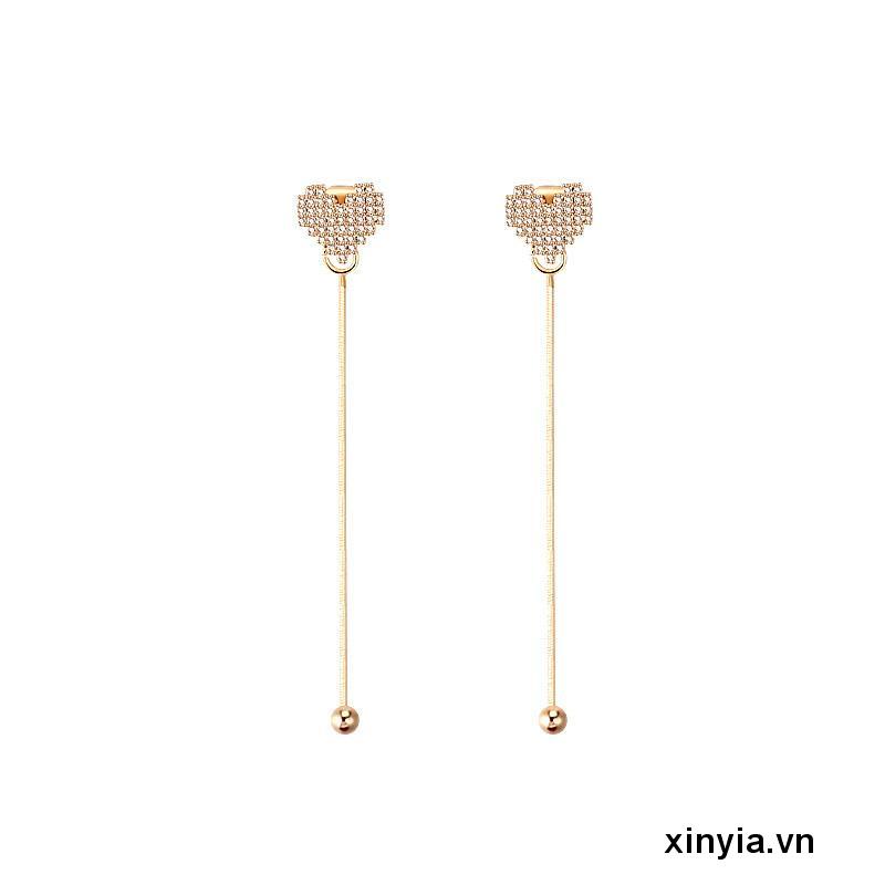 Khuyên tai dáng dài hình trái tim đính đá phối tua rua đơn giản cho nữ